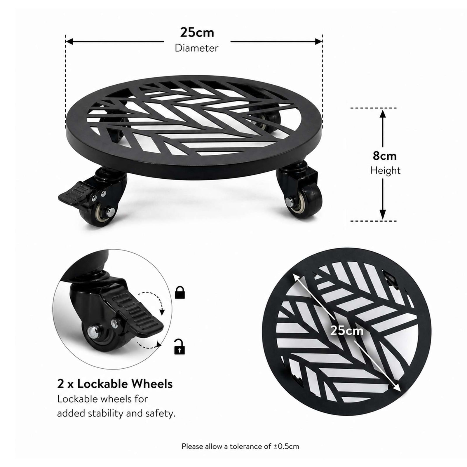 Metal Piot Caddy Stand With Lockable Wheels - Pack Of 2 | 25cm | Black