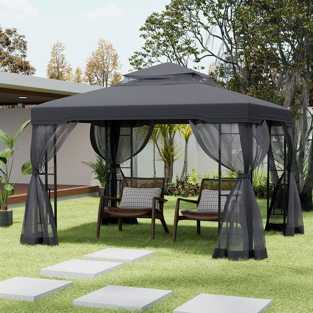 3.6 x 2.95m Outdoor Garden Gazebo with Netting, Heavy Duty Steel Patio Canopy Shelter with Ventilated Roof, Waterproof UV-Resistant Pergola Tent for Backyard
