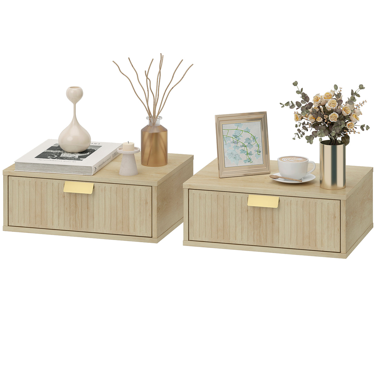Floating Nightstands Set Of 2 Bedside Tables W/ Wave Drawer | Oak