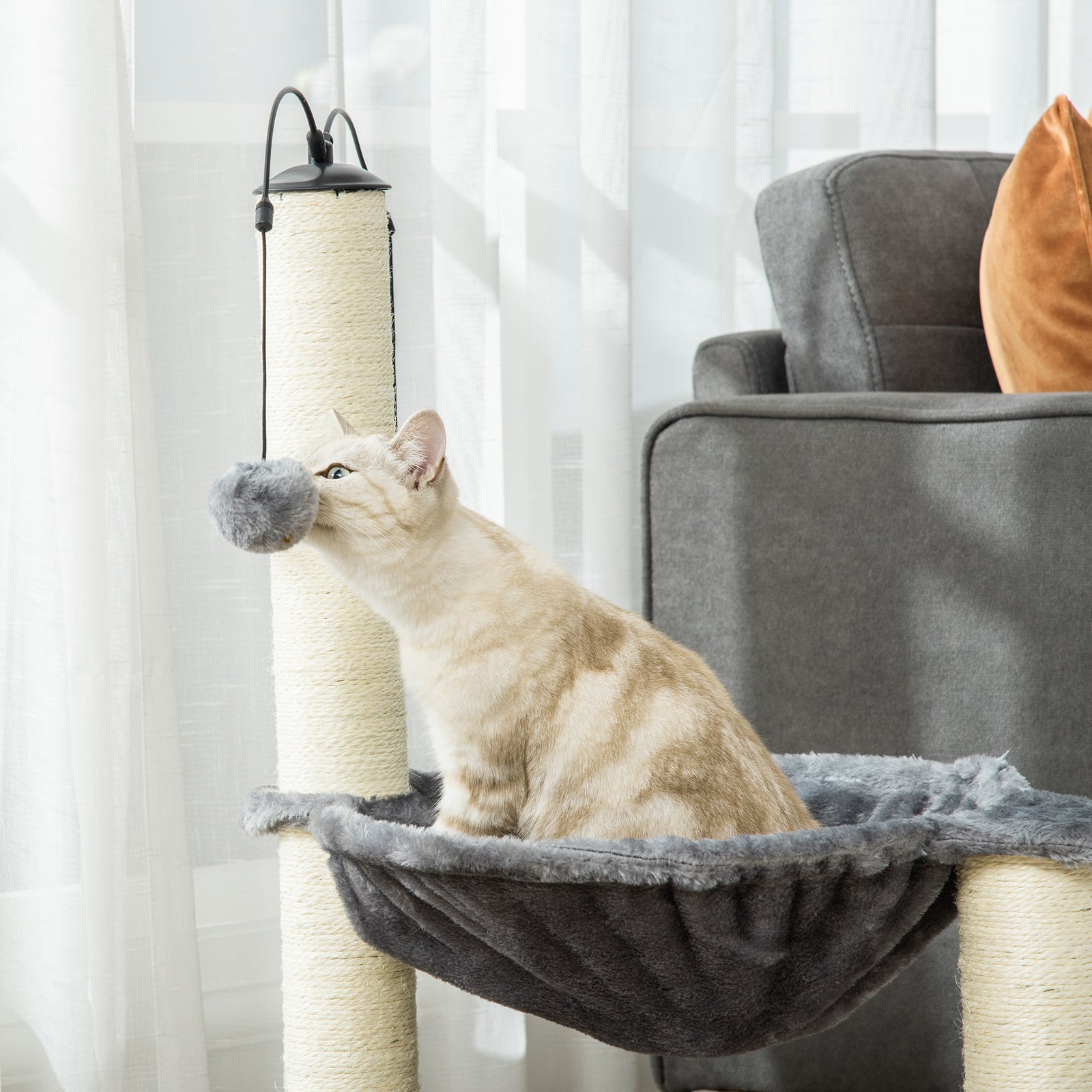83cm Cat Tree Tower W/ Sisal Scratching Post Hammock Toy Ball - Grey