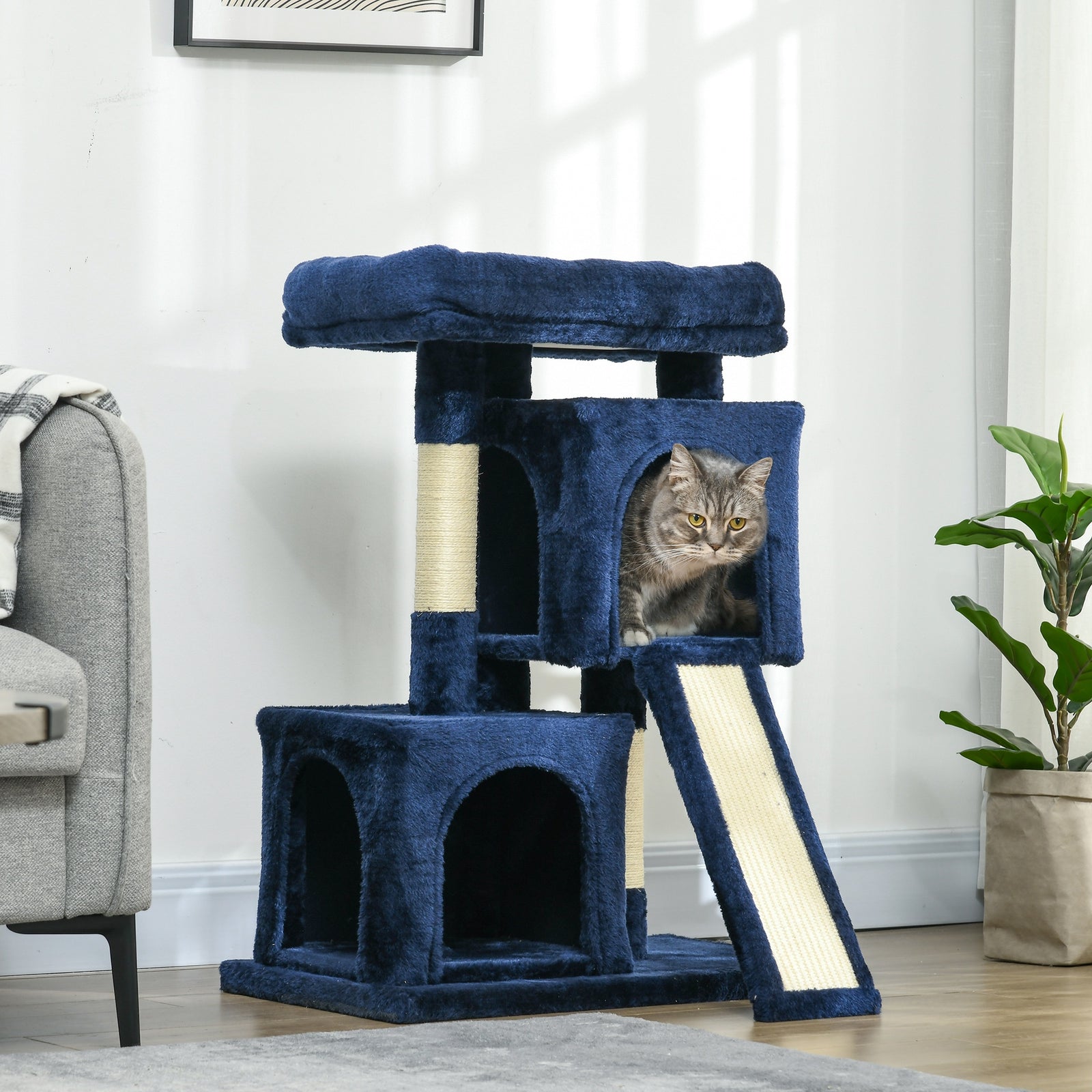 Cat Rest & Play Activity Tree W/ 2 House Perch Scratching Post | Blue