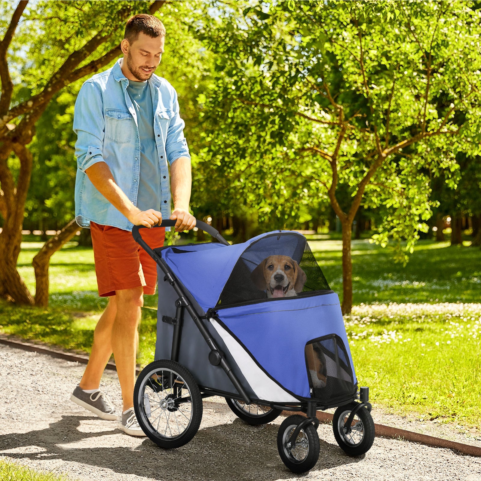 Foldable Pet Stroller With Cushion, For M, L Dogs | Blue