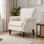 Beige Velvet Linen Wingback Armchair – Accent Chair With Nailhead Trim
