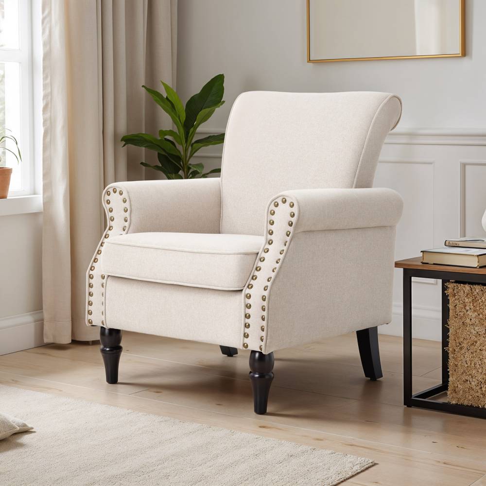 Beige Velvet Linen Wingback Armchair – Accent Chair With Nailhead Trim