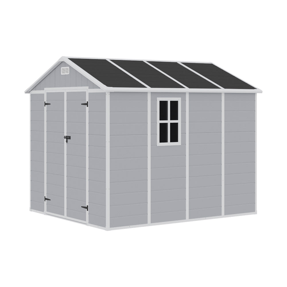 Outdoor Plastic Tool Shed With Apex Roof & Floor, Double Doors, Ventilation & Window, Lockable Backyard Storage House | 8x8ft | Grey