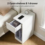 Bedside Table Cabinet  Narrow Slim Side Cabinet White Drawer Open Shelf | White