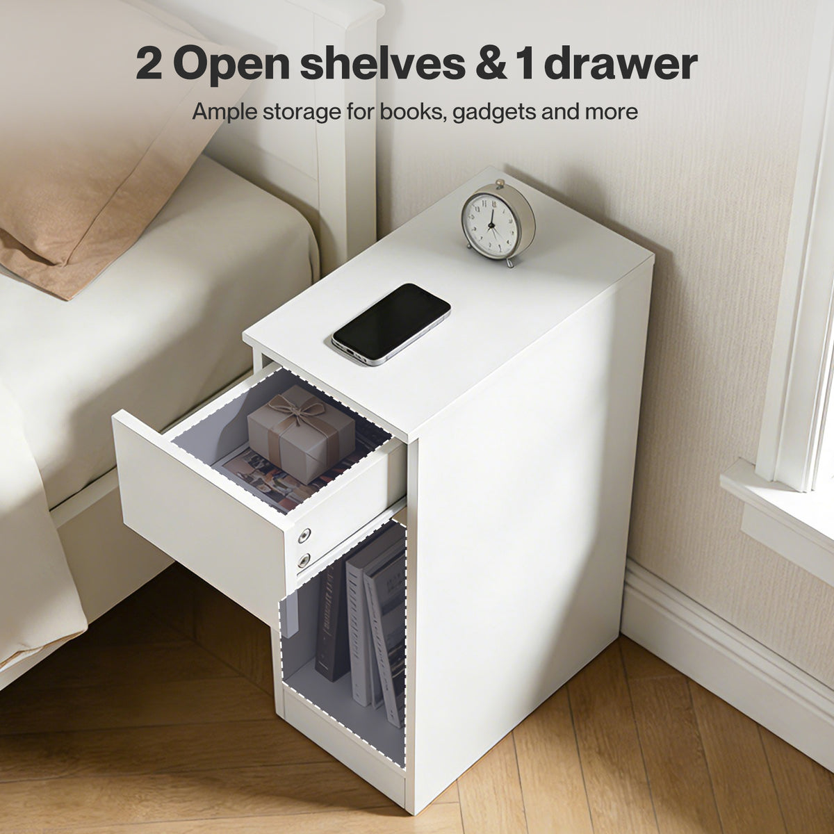 Bedside Table Cabinet  Narrow Slim Side Cabinet White Drawer Open Shelf | White