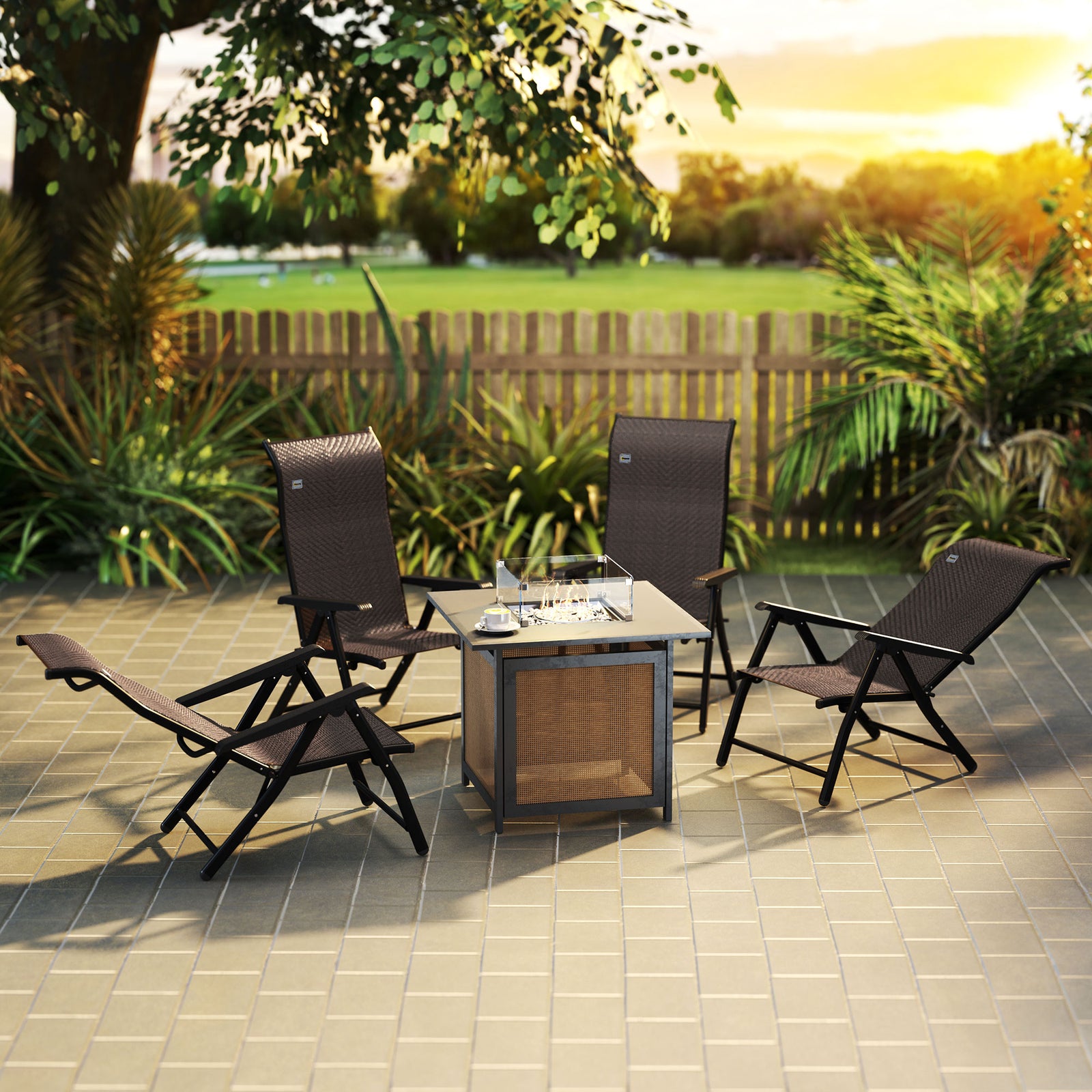 4 Pcs Rattan Folding Chair Set 7 Levels Adjustable Backrest