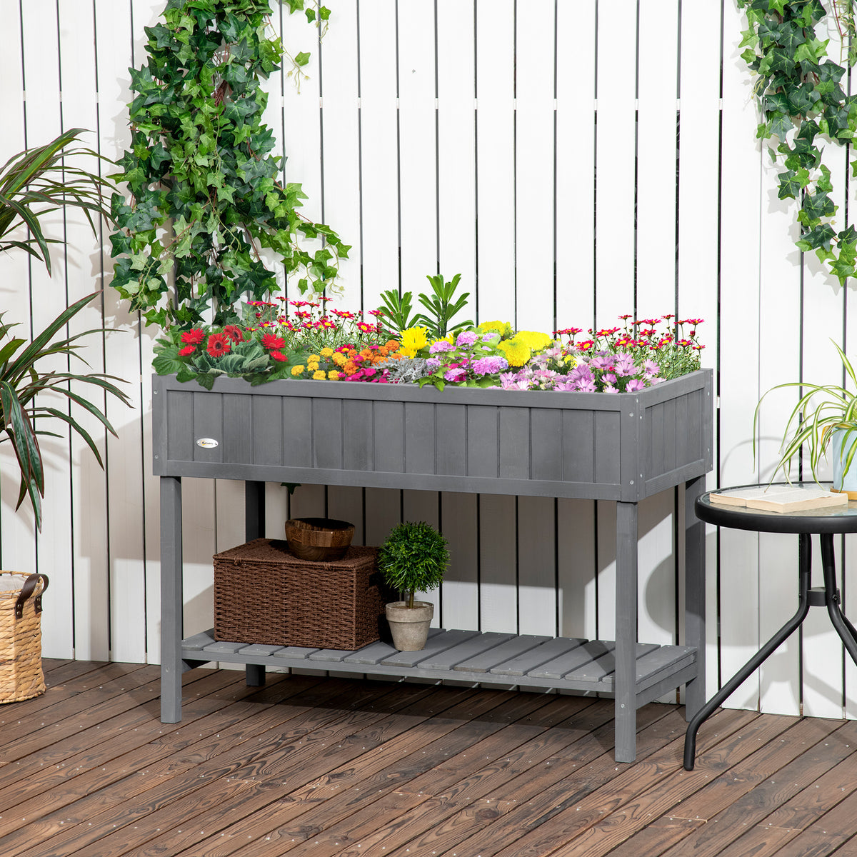 Outsunny Wooden Herb Planter Stand 8 Cubes Bottom Shelf Raised Bed Dark Grey