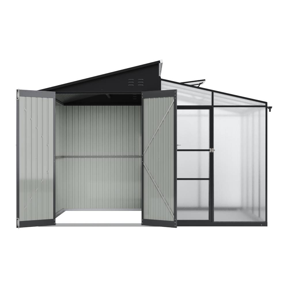 2-in-1 Metal Shed With Greenhouse, Transparent Pc Panels – 10 X 9ft, Zinc Steel & Polycarbonate Construction