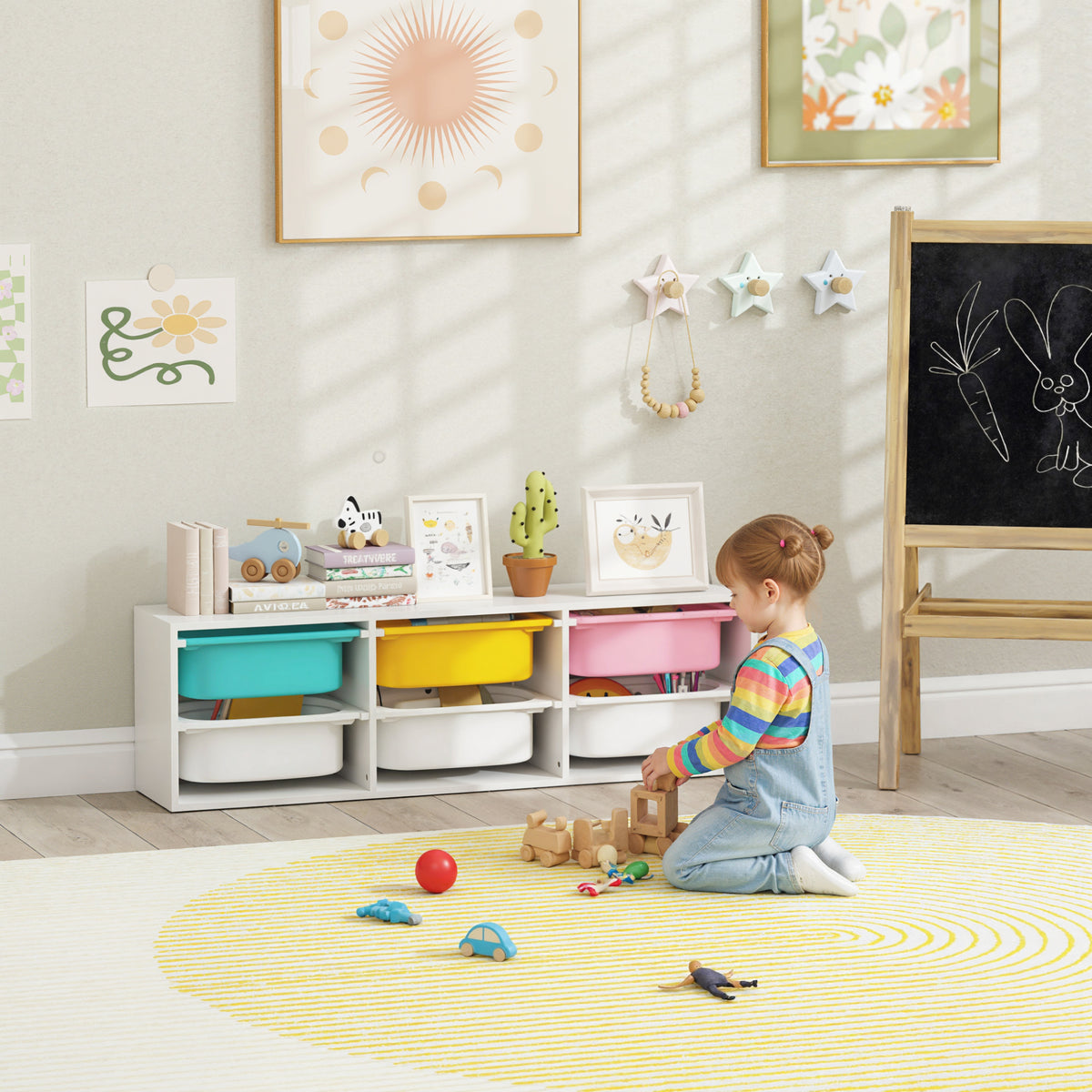 AIYAPLAY 2 Tiers Toy Storage Organiser With 6 Plastic Bins, Low Height