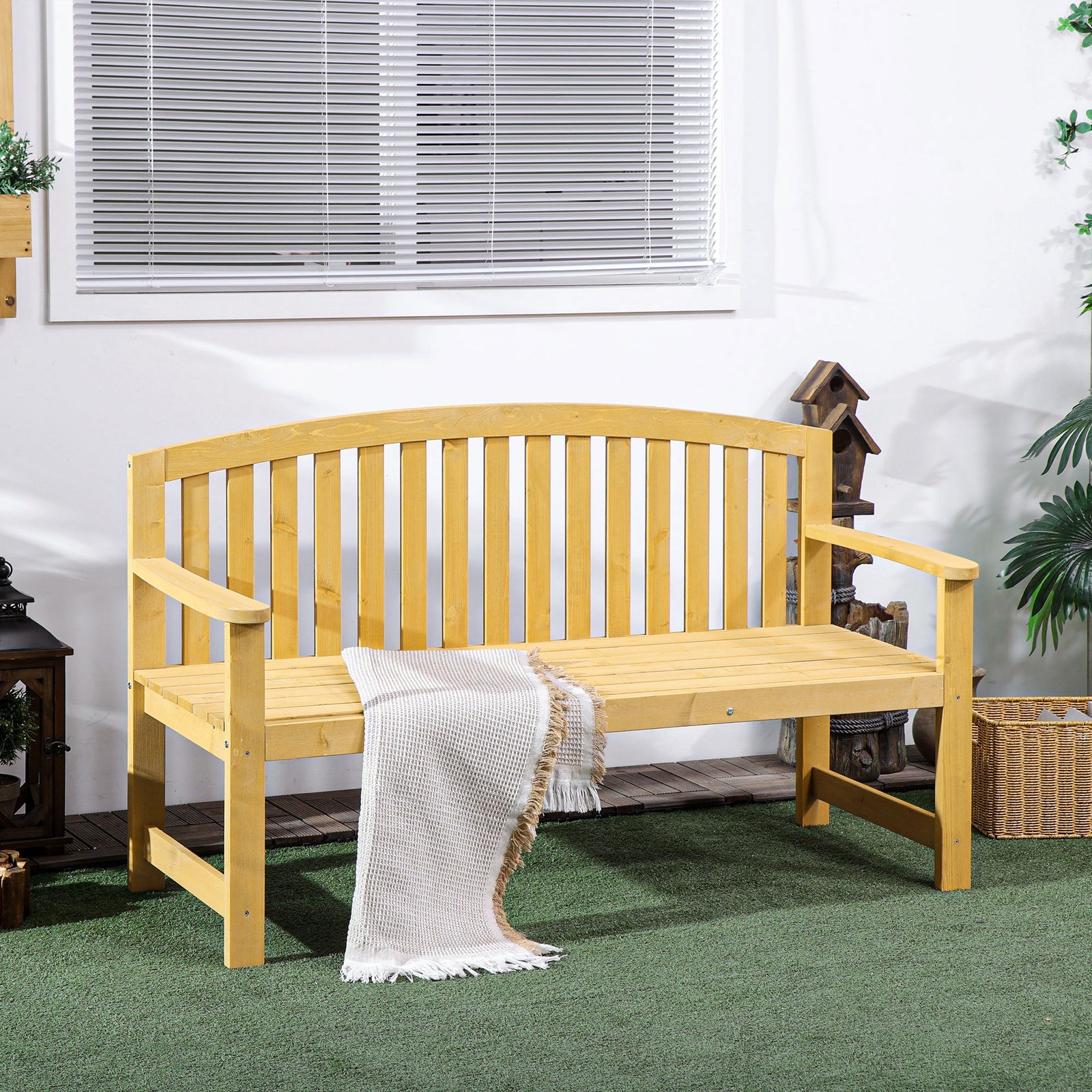 Wooden Garden Bench 2 Seater Slatted Seat With Arm For Patio | Orange