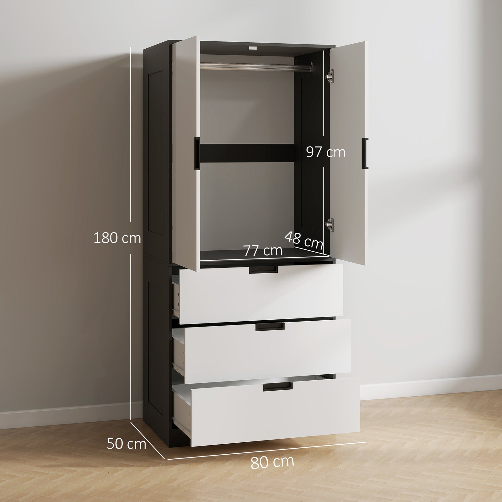 Modern Wardrobe White Wardrobe With 3 Drawer And Hanging Rod