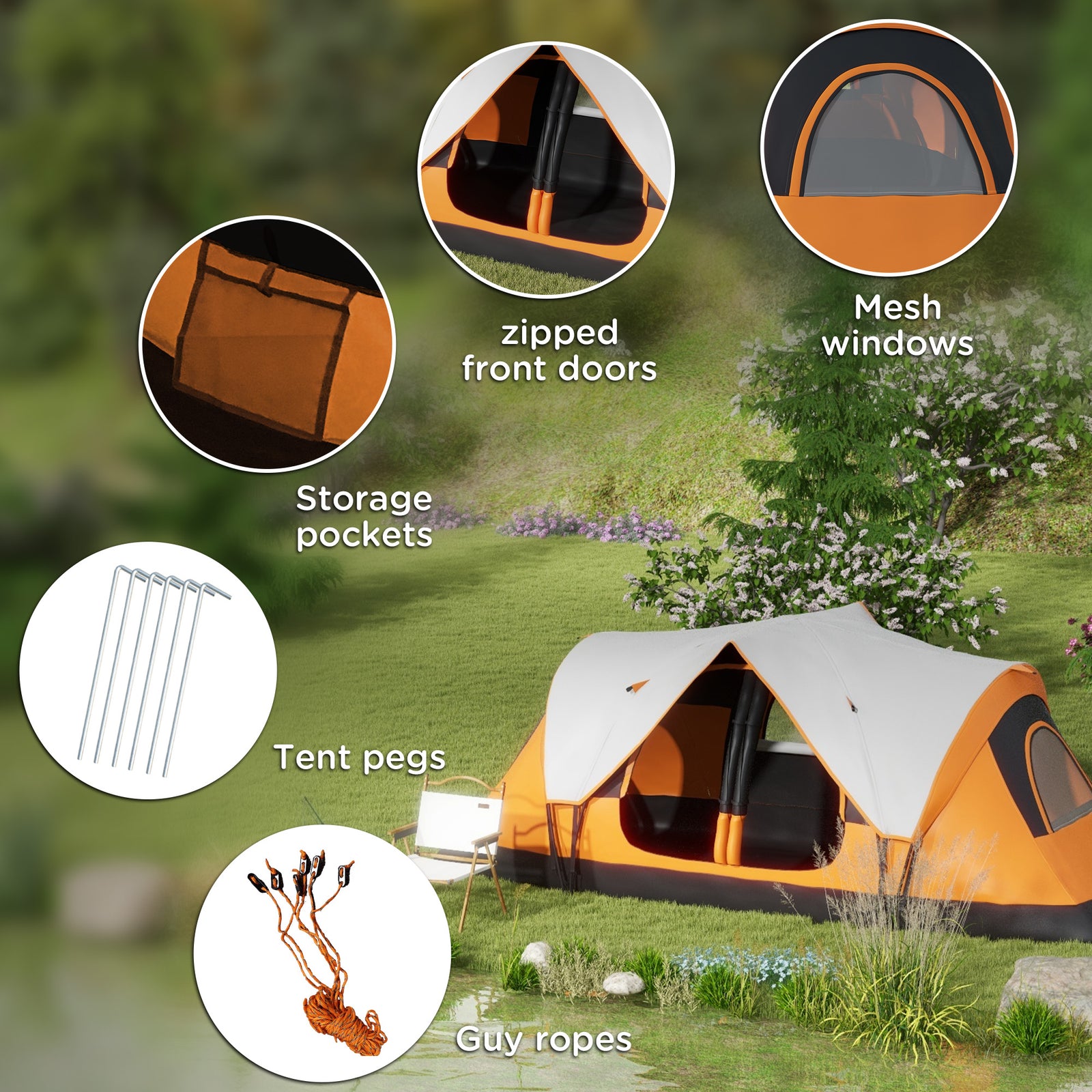 2 Room Camping Tent With Waterproof Rainfly & Screen Panels | Orange