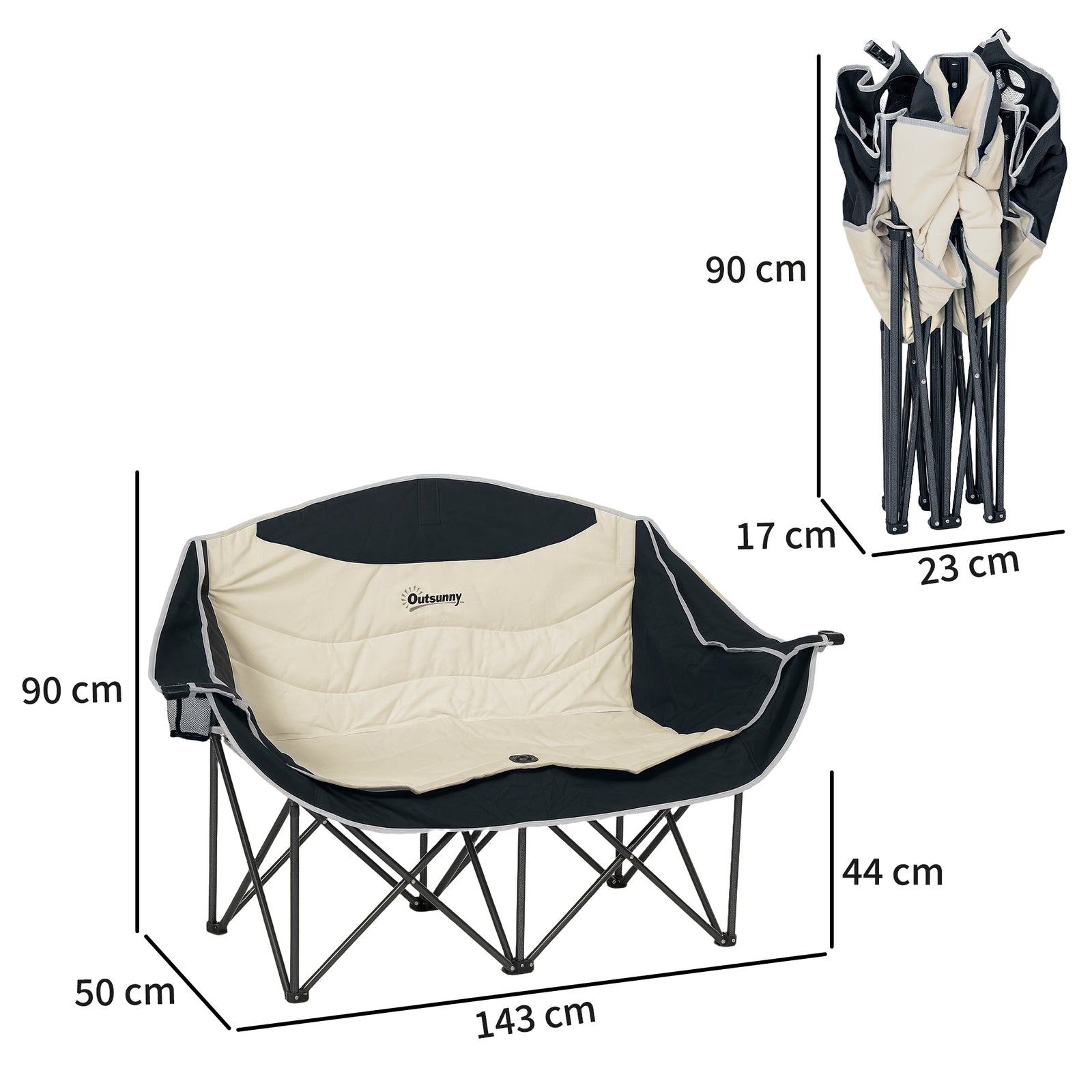 Double Camping Chair For Adults With Armrests, Cup Holders | Khaki