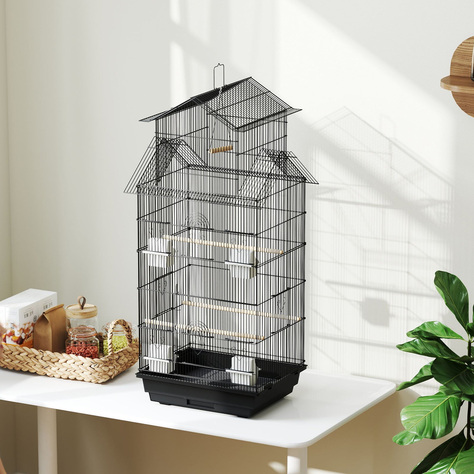Metal Bird Cage W/ Perch, Food Container, Handle, For Finch, Canary | Small | Black