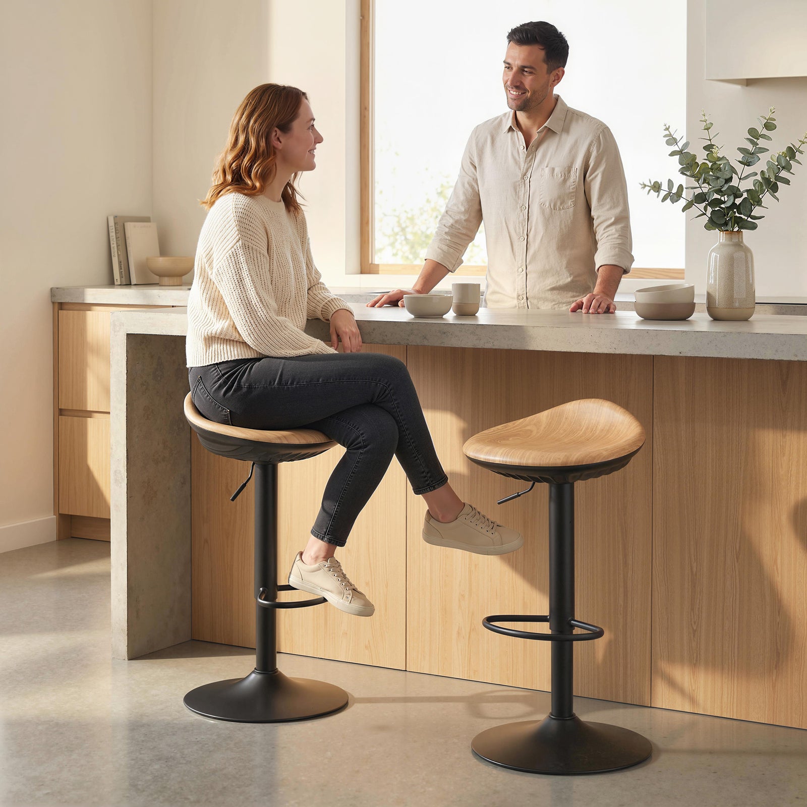 HOMCOM Set Of 2 Breakfast Barstools, Pu Leather Swivel Bar Stools, Oak