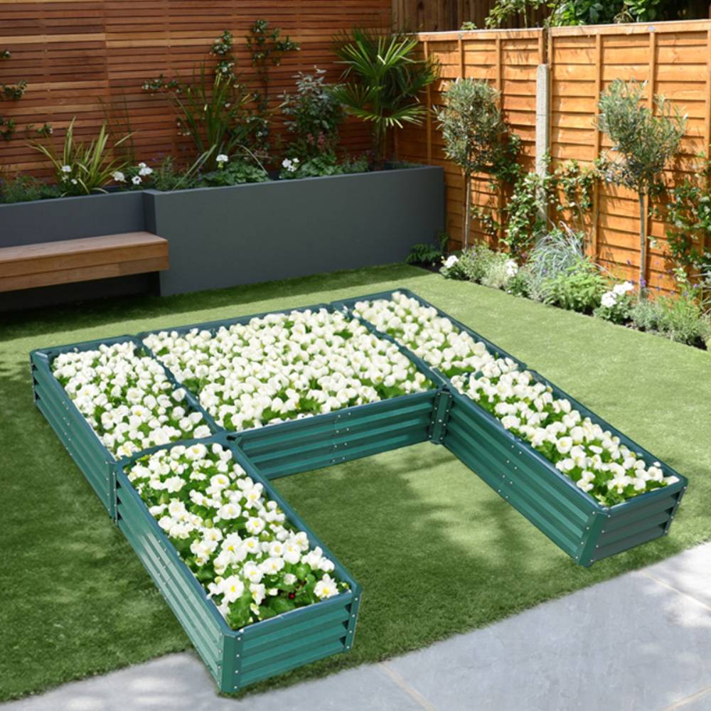 U-shaped Raised Garden Bed Metal Planter Box With 5 Compartments | Green