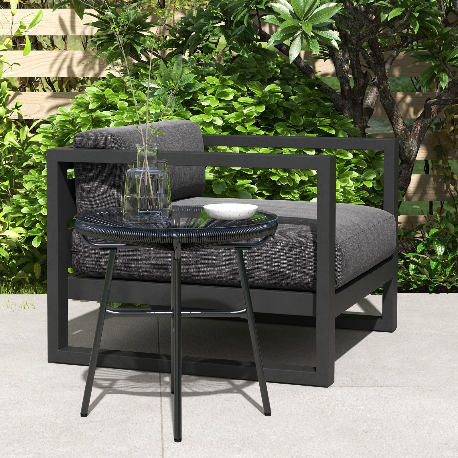 Rattan Side Table W/ Tempered Glass Tabletop