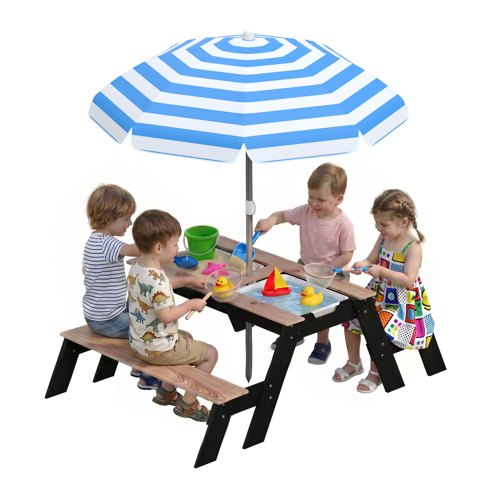 AIYAPLAY 3 In 1 Wooden Kids Picnic Table And Bench Set With Parasol, Natural