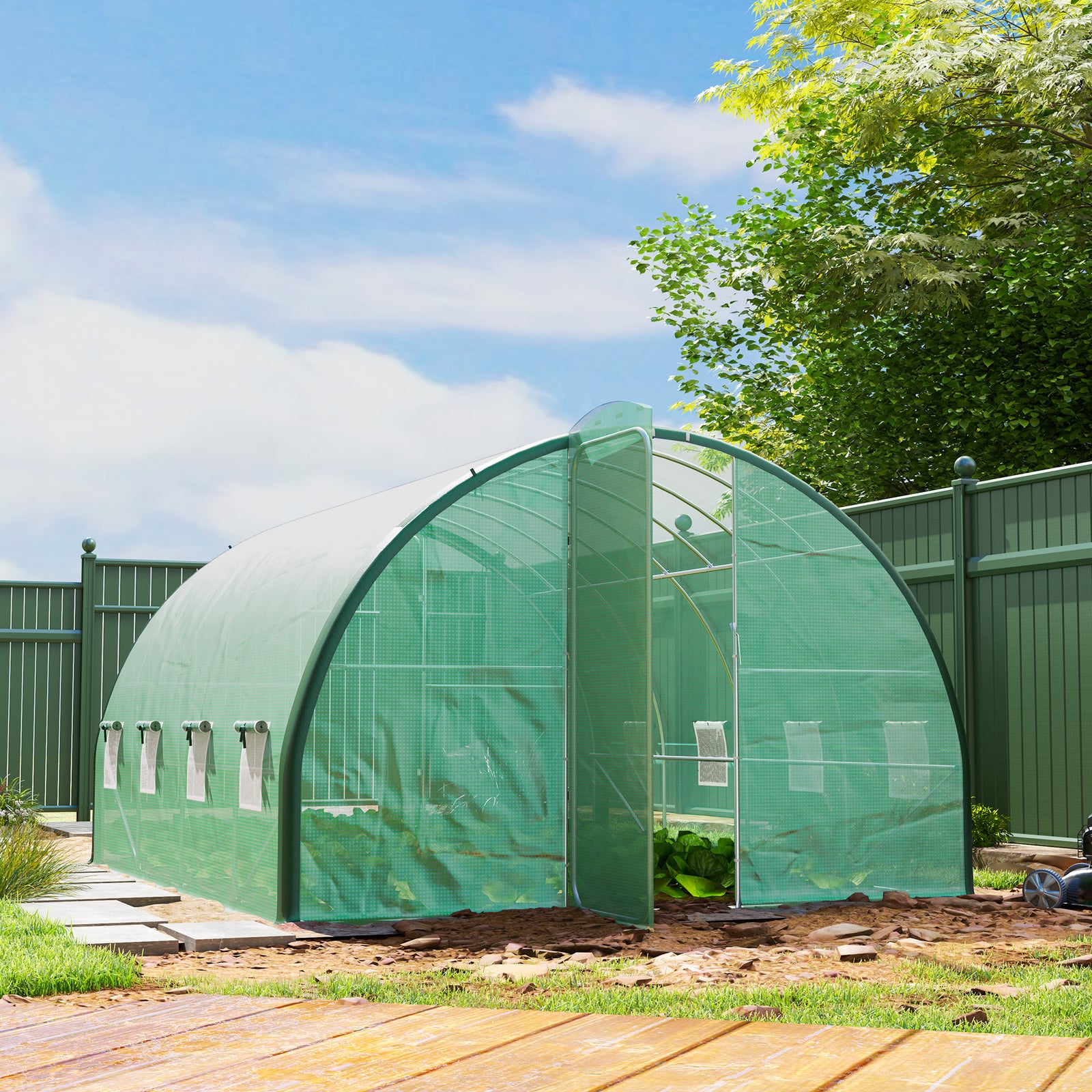 Tunnel Greenhouse, Upgraded Structure, Hinged Doors | Large | Green