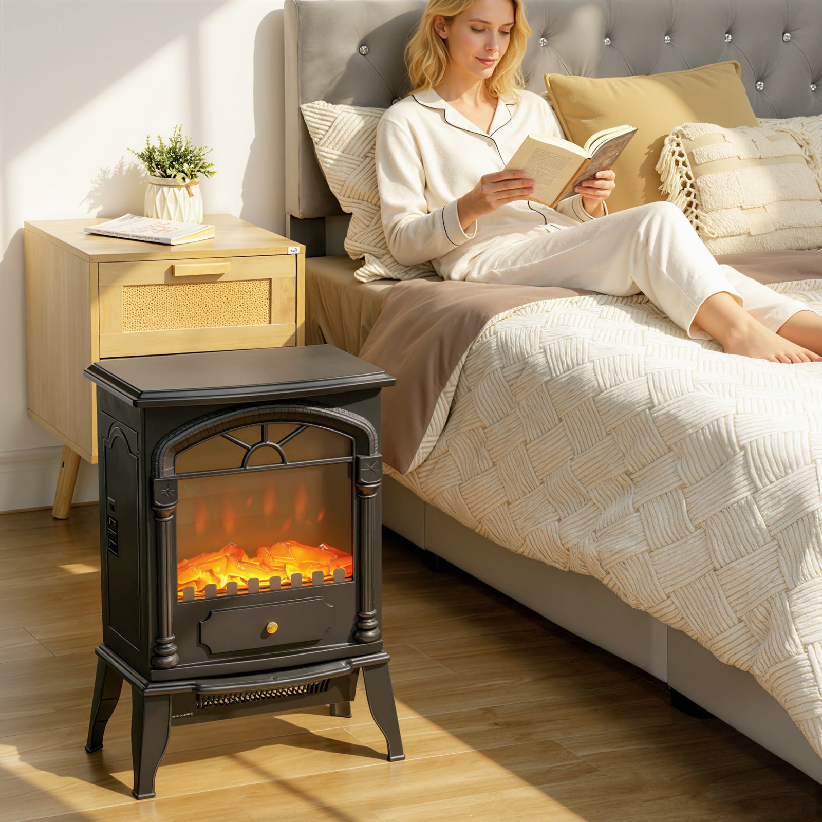Portable Fireplace With Adjustable Thermostat, 2 Heat Settings, Black