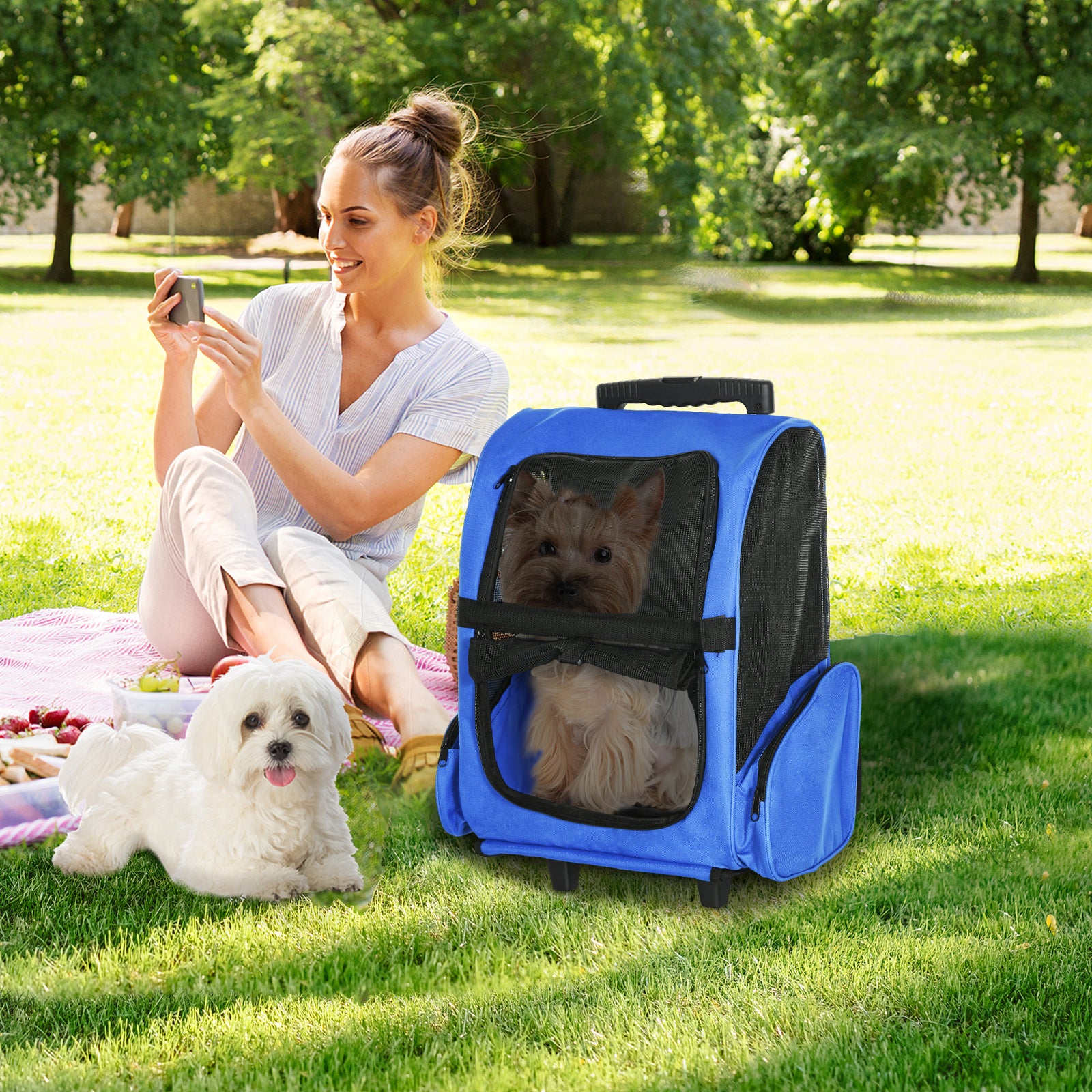 Pet Travel Backpack Bag Cat Puppy Dog Carrier W/ Trolley And Telescopic | Blue