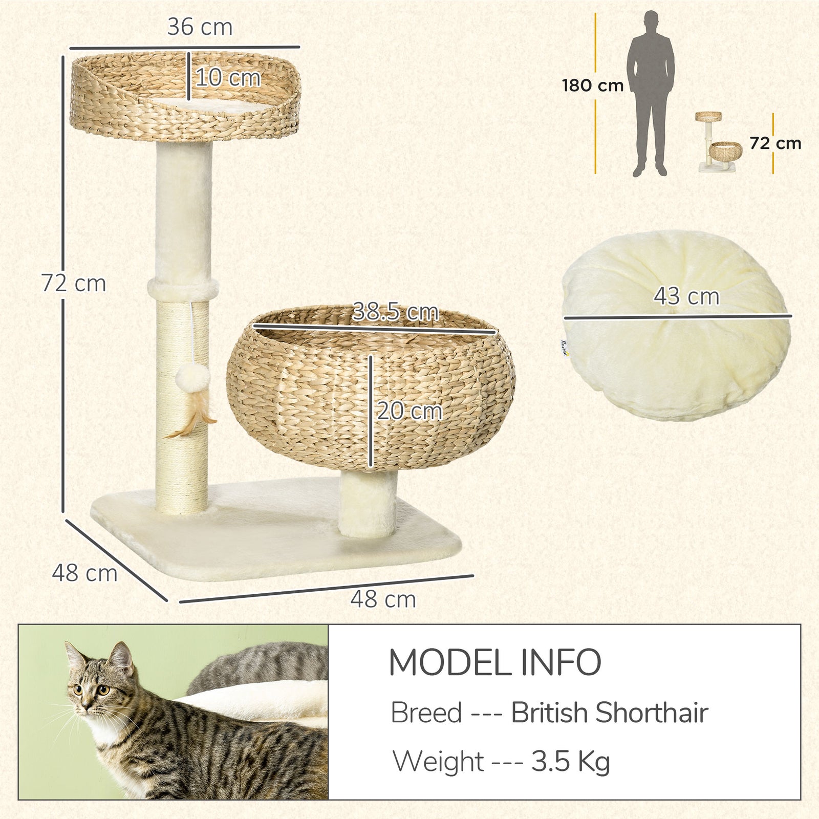 72cm Cat Tree Kitten Tower With 2 Beds Scratching Post Toy Ball, Beige