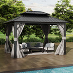 12x10ft Hardtop Aluminium Patio Gazebo With Curtains & Mesh Screens, Double Roof | Large | Black