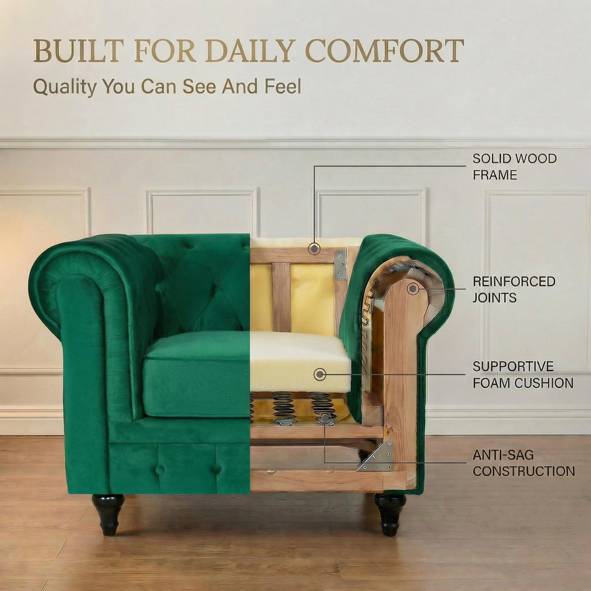 Chesterfield Scroll Arm Velvet Sofa 1 Seater | Emerald