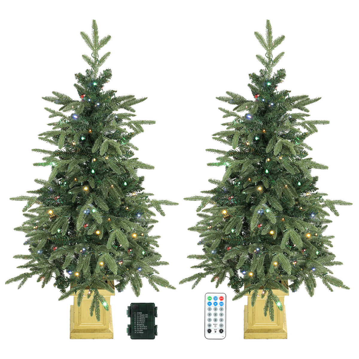 HOMCOM Set Of 2 Prelit Christmas Trees With Dual-colour Lights, Remote, 4ft