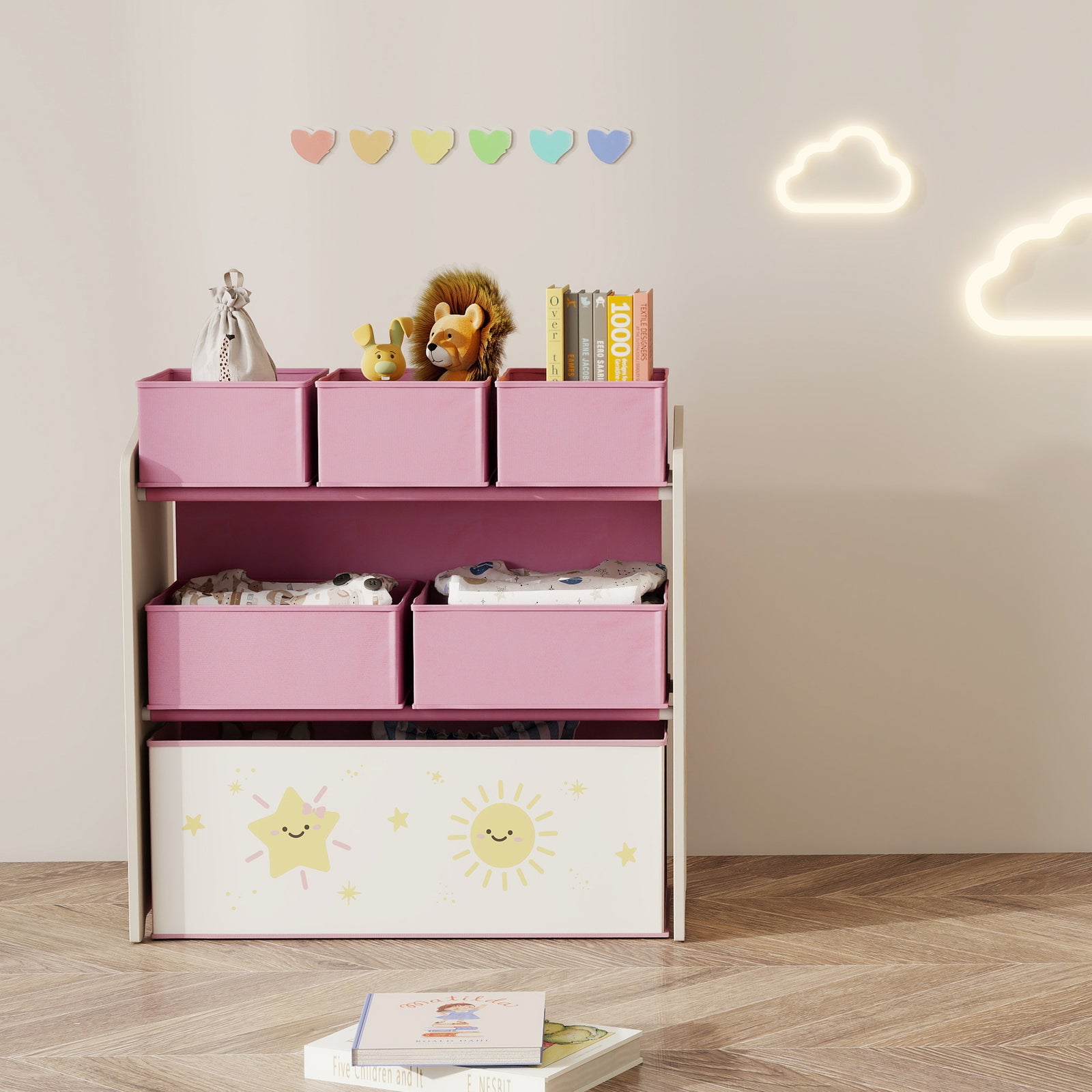 3-tier Kids Storage Shelf With 6 Removable Fabric Boxes | Pink
