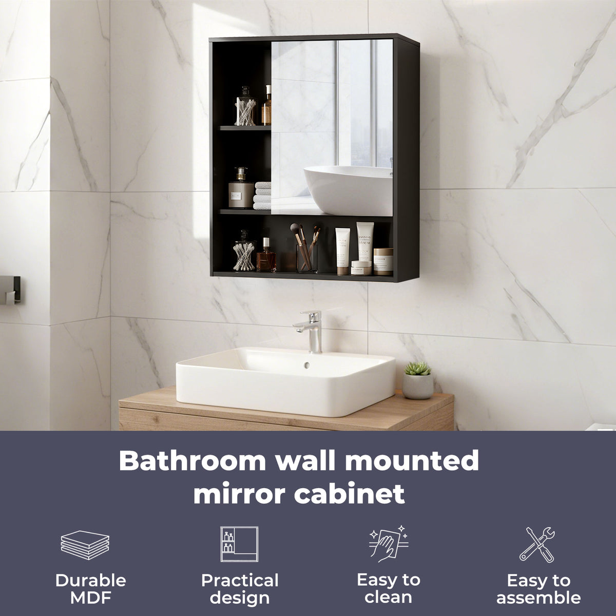Bathroom Mirror Cabinet Wall Mounted Storage Cupboard Black Open Shelf | Black