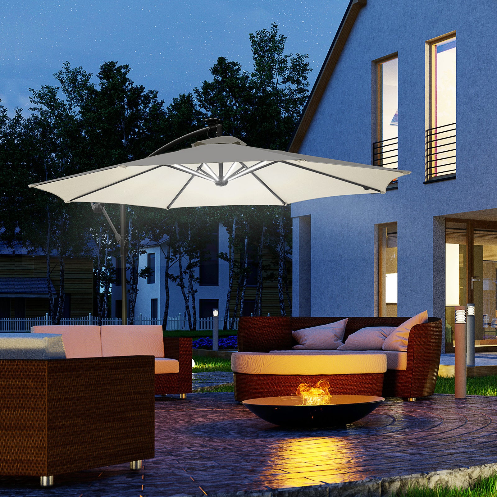 3m Led Patio Parasol W/ Solar Lights & Base | Cream
