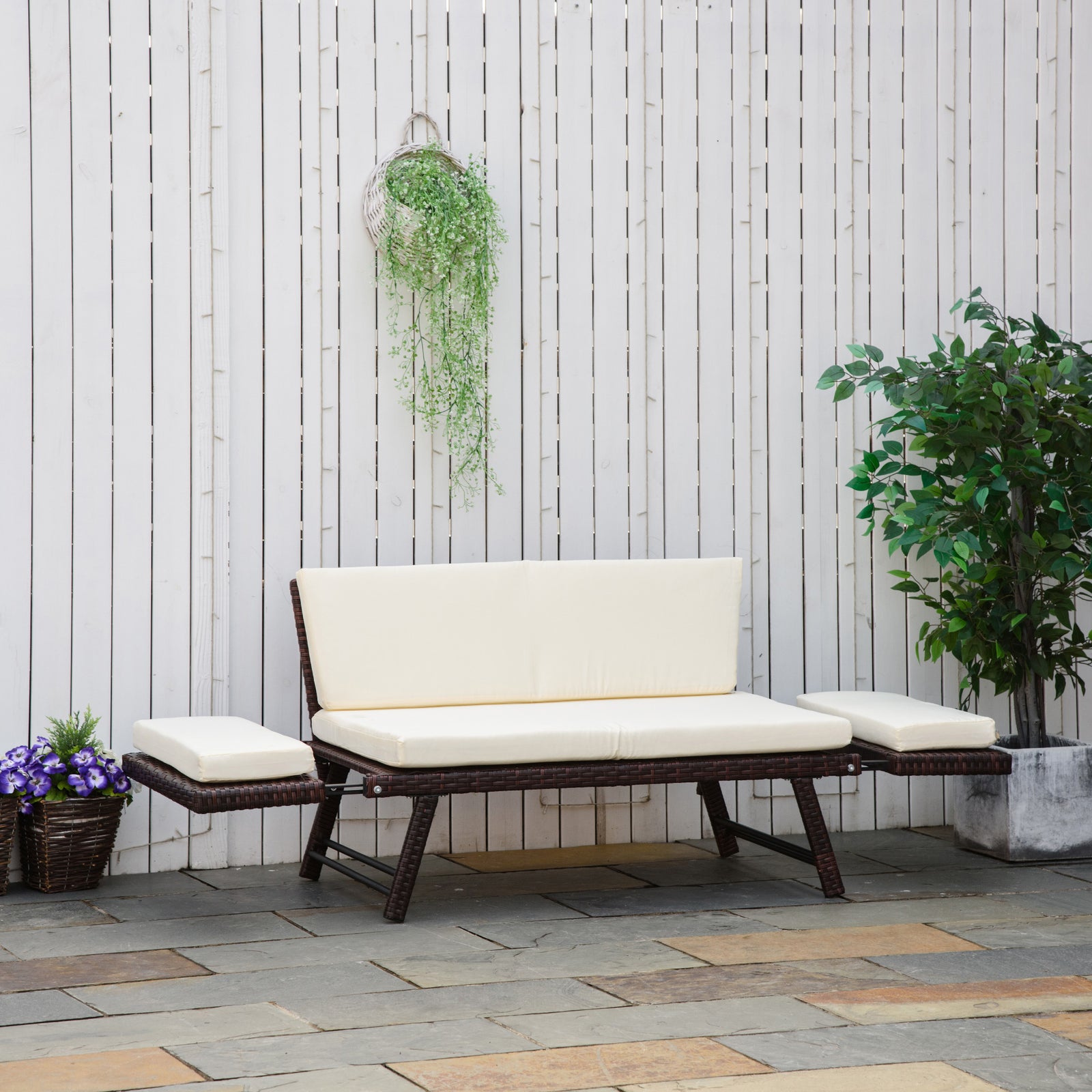 2 In 1 Rattan Folding Daybed Sofa Garden Chaise Lounger | Brown