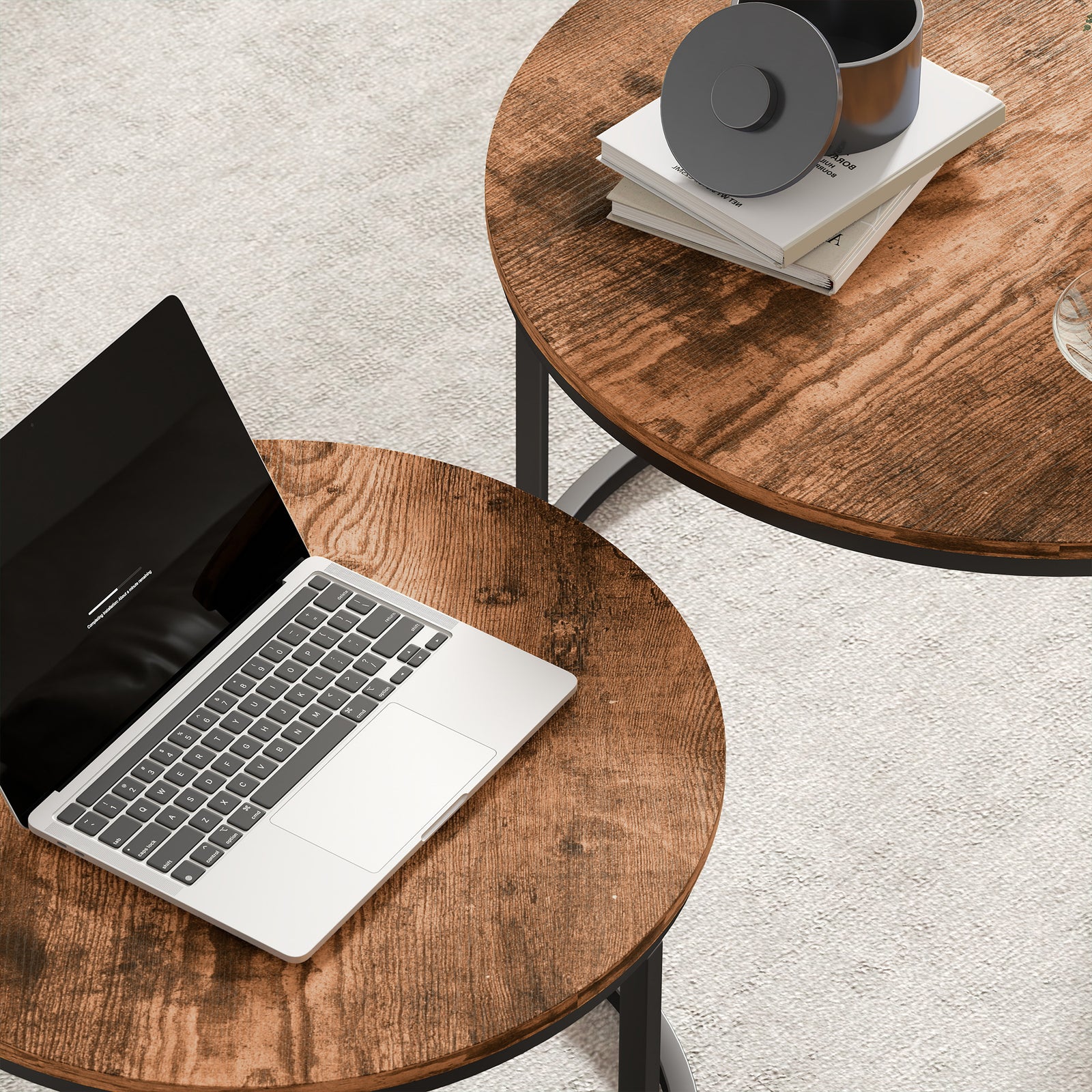 HOMCOM Marble Coffee Table Set Of 2, Round Nest Of Tables, Rustic Brown