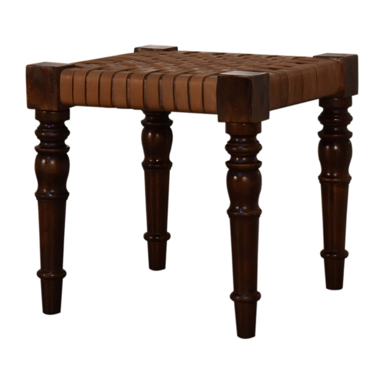 Artisan Furniture Solid Wood Woven Leather Footstool