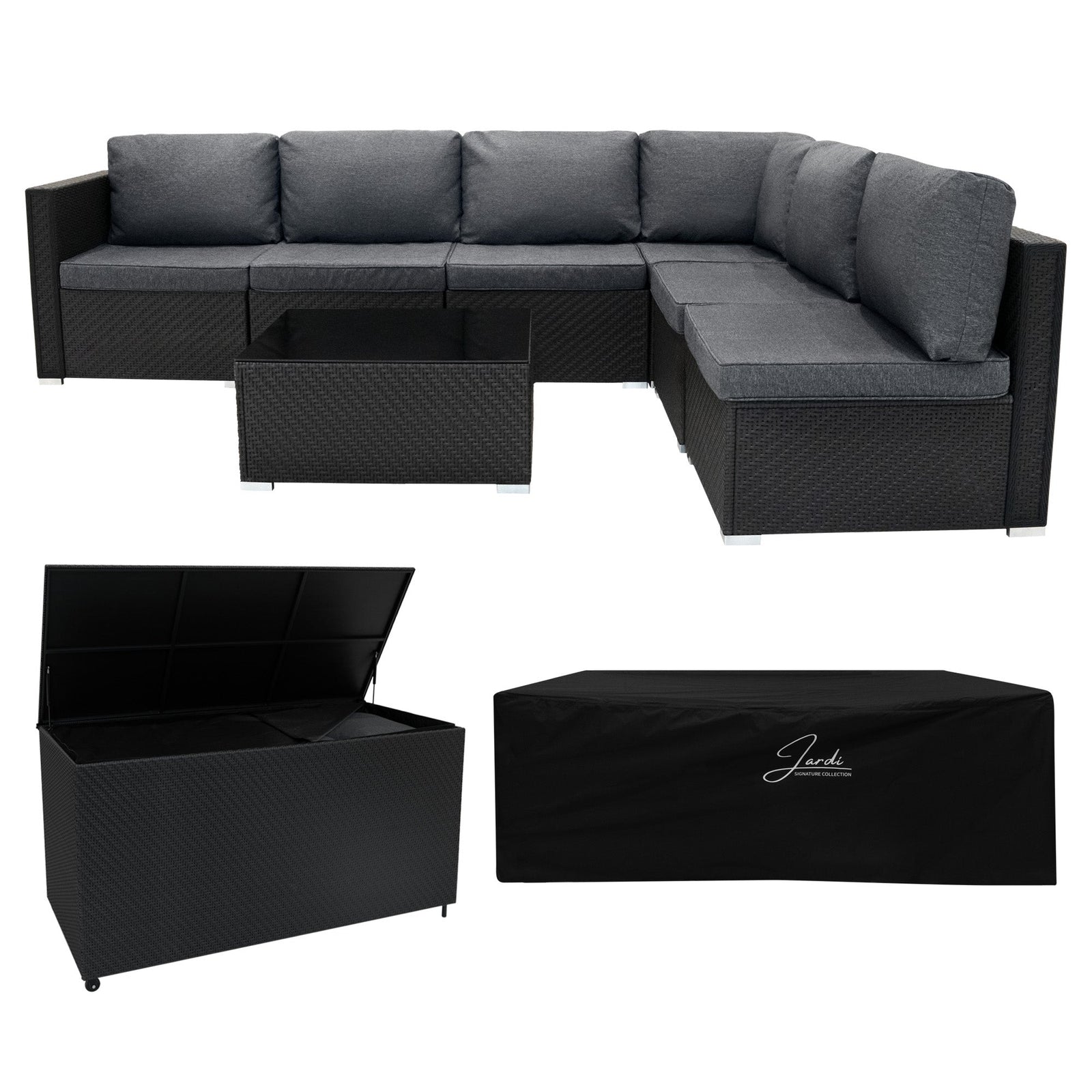 Rattan Modular 7 Piece Furniture Set & 996l Storage Box | Black