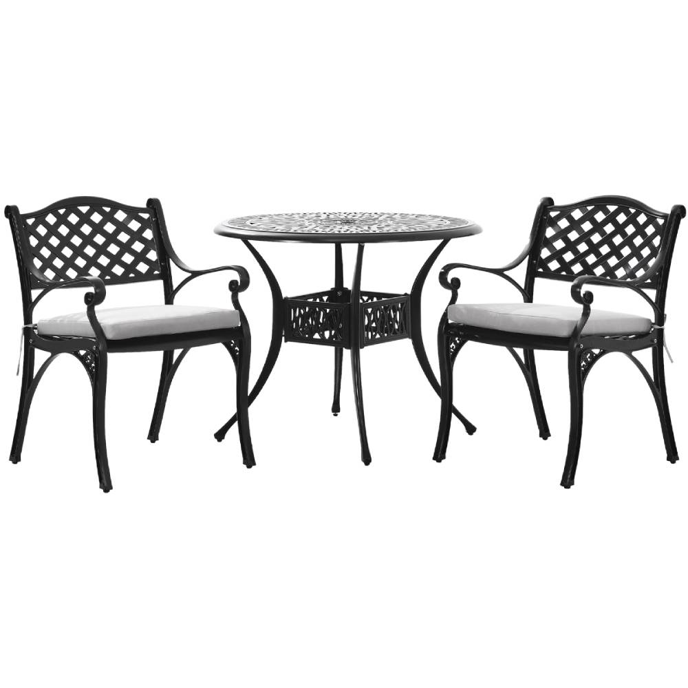Set Of 3 Retro Garden Bistro Set Cast Aluminium With Cushions | Black