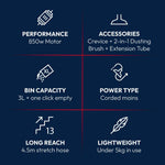 850w Upright Vacuum Cleaner With Powerful Suction, 3l Dust Cup, 5 Height Settings, Retractable Hose, Washable Epa Filter & 12.5m Cleaning Radius