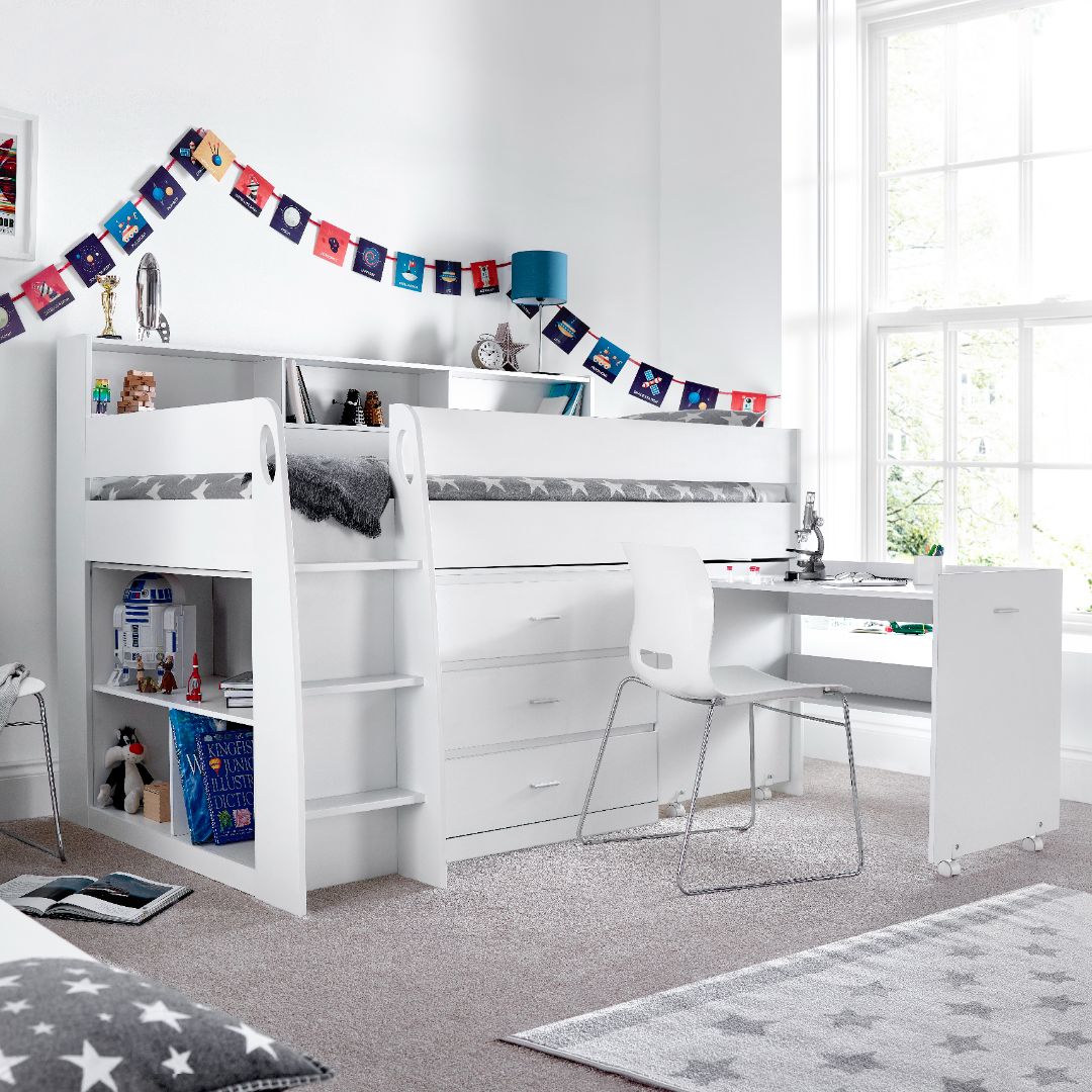 Ersa Mid Sleeper Bed With Desk With Pocket Mattress | Single | White