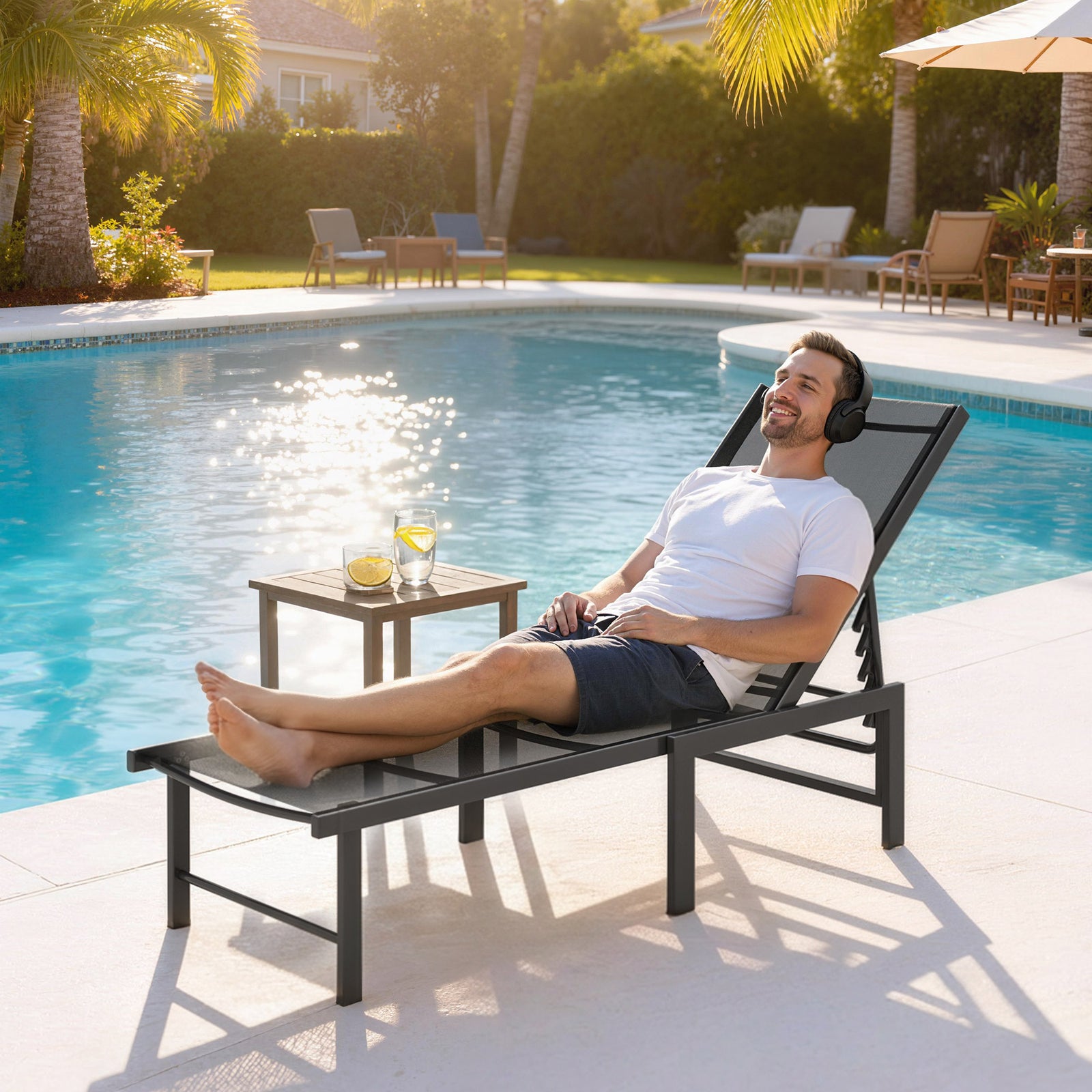 Sun Lounger, 5-level Reclining Sun Lounger Chair | Black