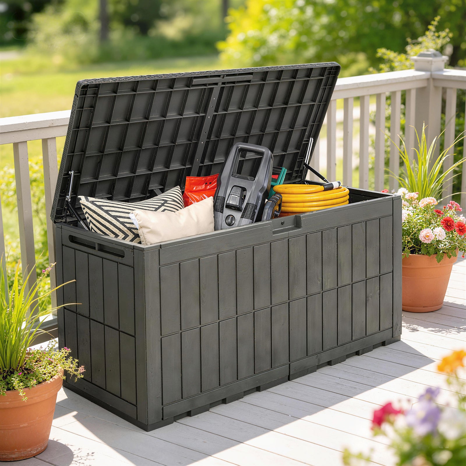 Outsunny 440l Garden Storage Box, Waterproof Resin Deck Box W/lockable Lid