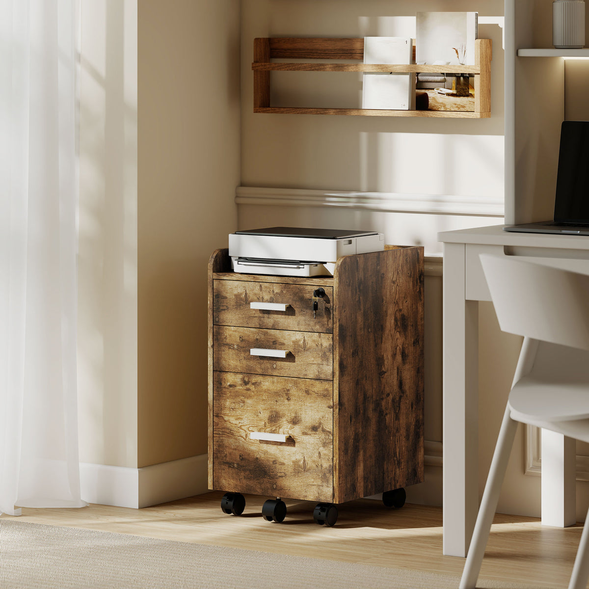 HOMCOM Mobile Filing Cabinet, Lockable File Cabinet With 2 Keys Rustic Brown