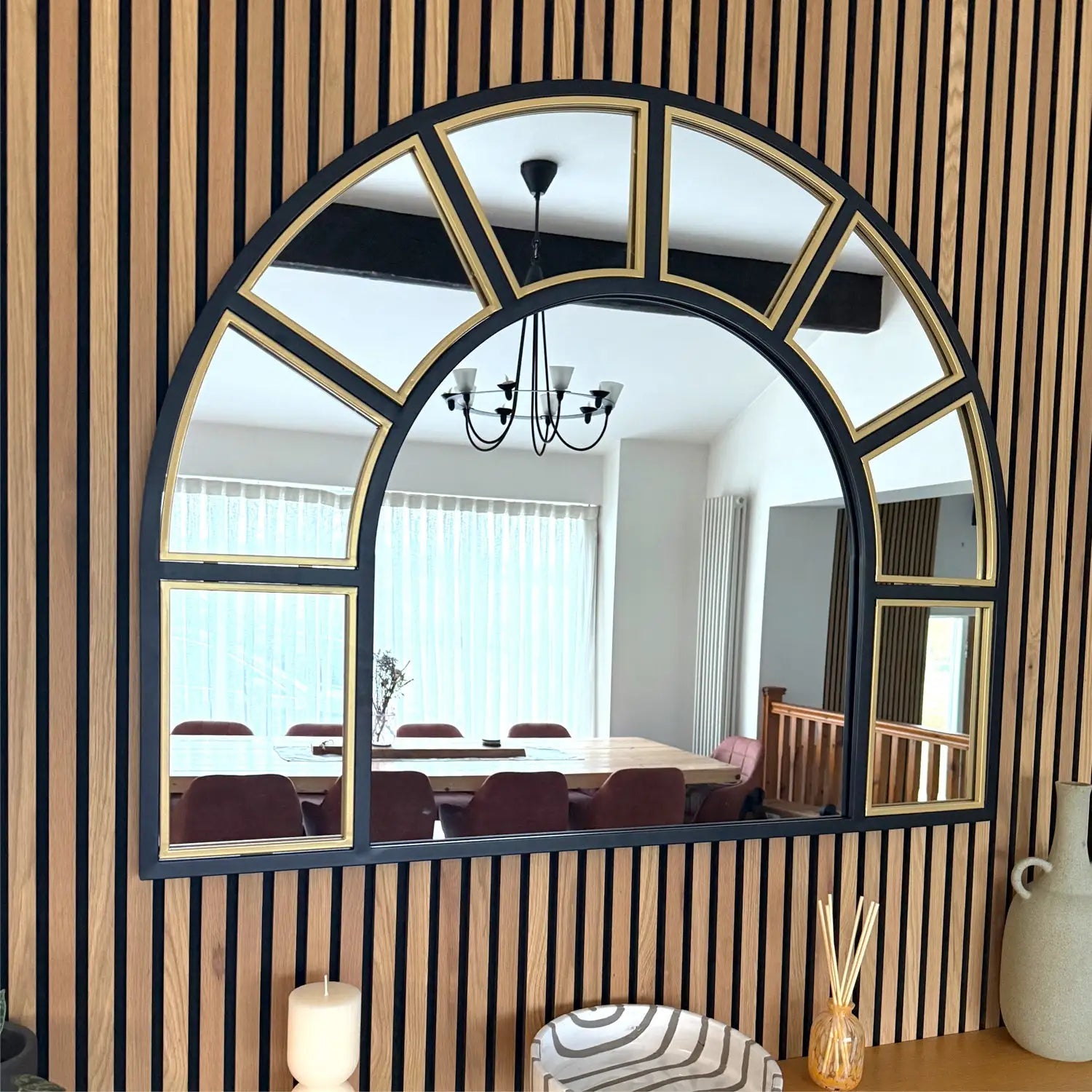 Mio - Metal Arched Window Mirror | 95cm x 120cm | Black & Gold