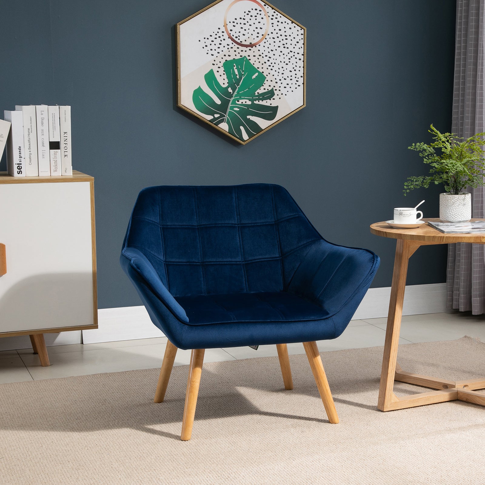 Velvet-feel Accent Chair With Arms Slanted Back Wood Legs | One Size | Blue