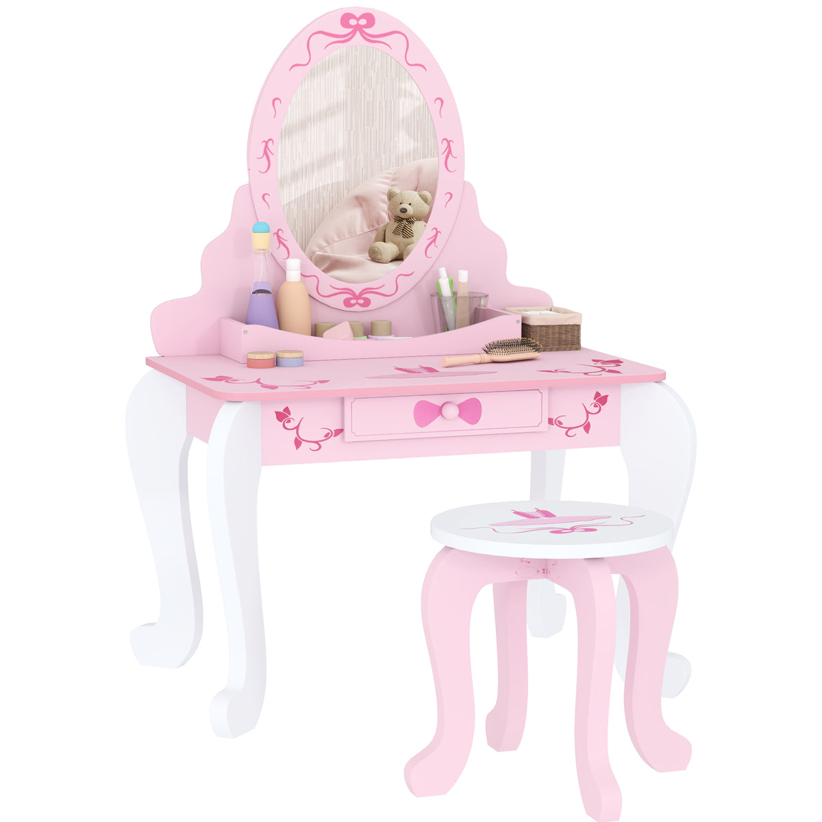 Kids Dressing Table Set, Ballet Theme Vanity Table With Stool, Mirror, Drawer