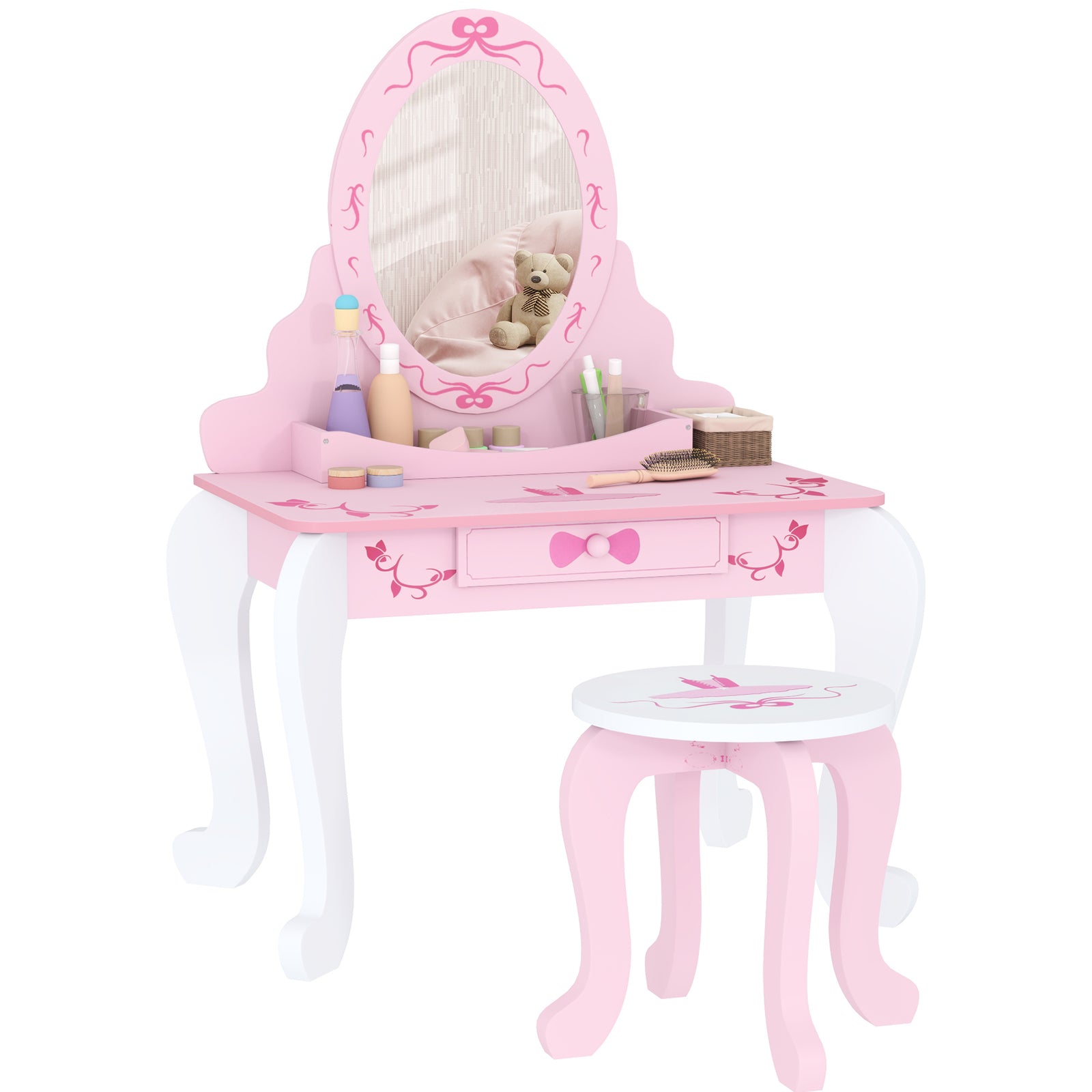 Kids Dressing Table Set, Ballet Theme Vanity Table With Stool, Mirror, Drawer