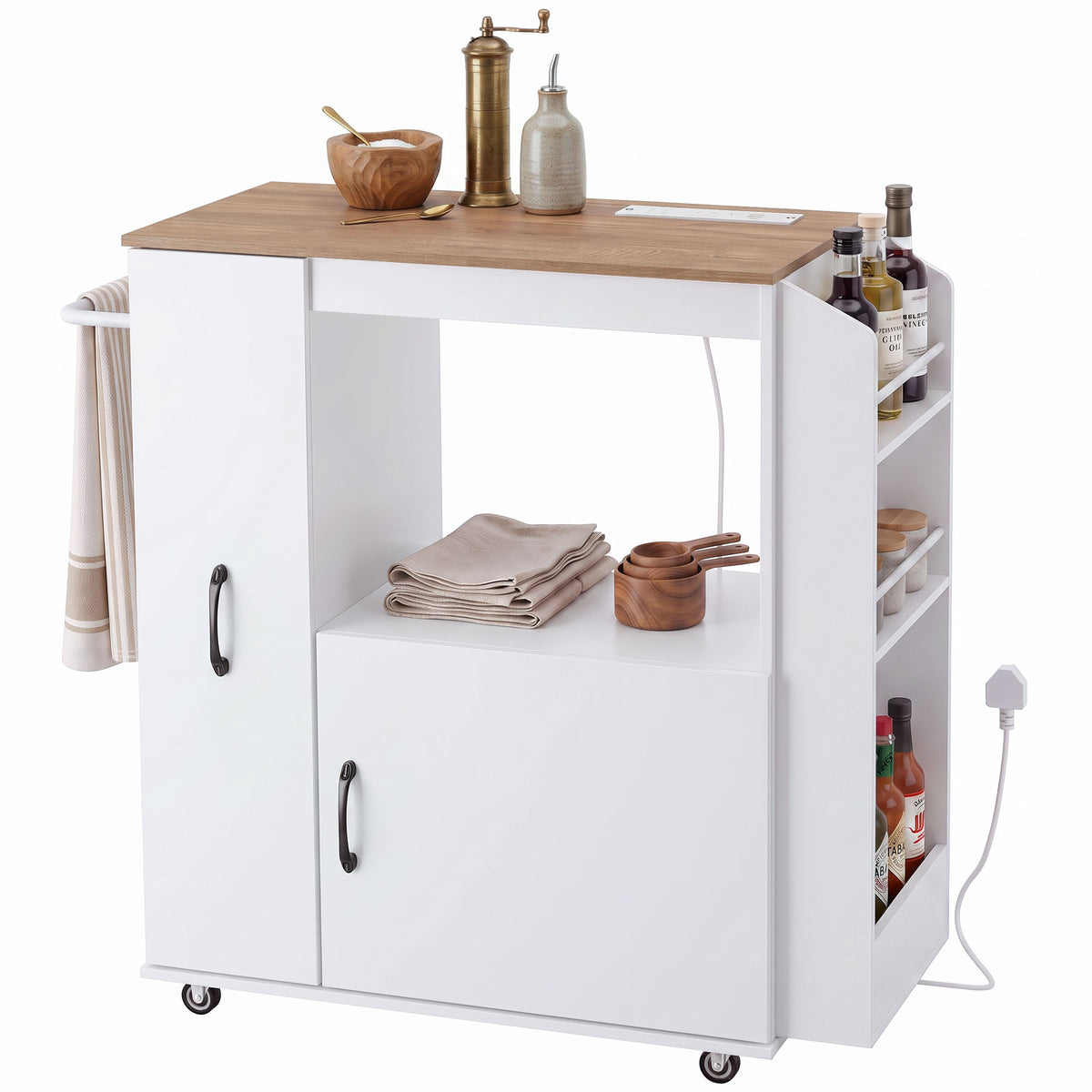 Kitchen Trolley On Wheels, Rolling Kitchen Cart With Power Outlet | White