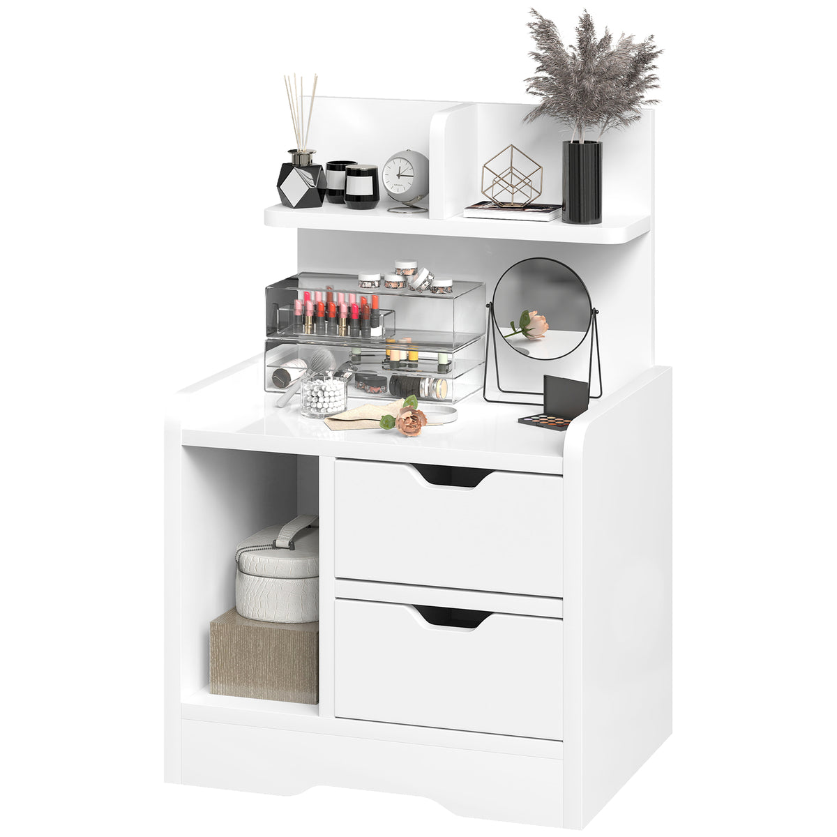 HOMCOM Modern Bedside Table With 2 Drawers And Open Shelves For Bedroom